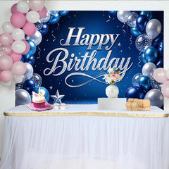 Lofaris Toile de fond joyeux anniversaire bleu et argent avec ballons et étoiles, magnifique arrière-plan de fête pour séance photo