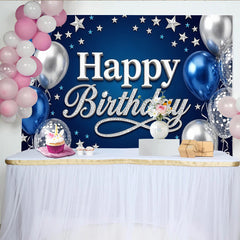 Lofaris Toile de fond joyeux anniversaire bleu et argent avec ballons, décor pour fête d'anniversaire et séance photo