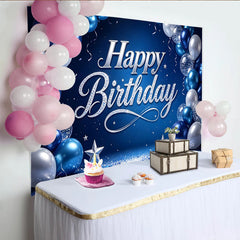 Lofaris Toile de fond joyeux anniversaire bleu et argent avec ballons et étoiles, magnifique décor de fête pour studio photo et célébration