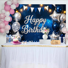 Lofaris Toile de fond joyeux anniversaire bleu nuit et argent pailleté, avec ballons étoiles et cadeaux pour studio photo