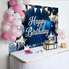 Lofaris Toile de fond joyeux anniversaire bleu nuit et argent pailleté, avec ballons étoiles et cadeaux pour studio photo