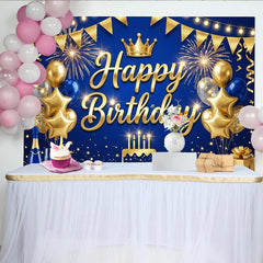 Lofaris Toile de fond joyeux anniversaire bleu et or avec couronne et ballons, magnifique décor de fête pour studio photo