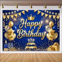 Lofaris Toile de fond joyeux anniversaire bleu et or avec couronne et ballons, magnifique décor de fête pour studio photo
