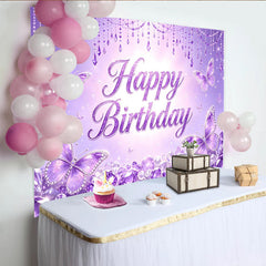 Lofaris Magnifique toile de fond anniversaire papillons violets et diamants scintillants, décor de fête pour studio photo et célébration