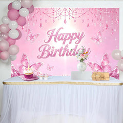Lofaris Toile de fond rose joyeux anniversaire papillons et cristaux pour fille, magnifique décor de fête scintillant pour studio photo