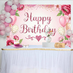 Lofaris Toile de fond joyeux anniversaire rose avec paillettes et ballons, magnifique décor de fête pour séance photo