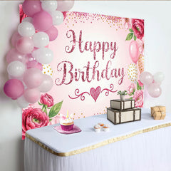 Lofaris Toile de fond joyeux anniversaire rose avec paillettes et ballons, magnifique décor de fête pour séance photo