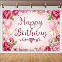 Lofaris Toile de fond joyeux anniversaire rose avec paillettes et ballons, magnifique décor de fête pour séance photo