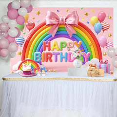 Lofaris Toile de fond joyeux anniversaire arc-en-ciel rose avec ballons et nœud, magnifique décor de fête pour enfants et studio photo