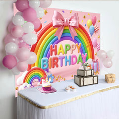 Lofaris Toile de fond joyeux anniversaire arc-en-ciel rose avec ballons et nœud, magnifique décor de fête pour enfants et studio photo