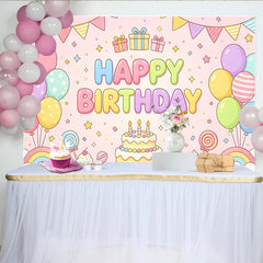 Lofaris Toile de fond joyeux anniversaire rose pastel avec ballons et gâteau, décor de fête d'enfants dessin animé avec arcs-en-ciel