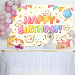 Lofaris Toile de fond joyeux anniversaire baozi dessin animé coloré, décor festif avec lanternes et confettis pour fête d'enfants