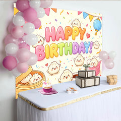 Lofaris Toile de fond joyeux anniversaire baozi dessin animé coloré, décor festif avec lanternes et confettis pour fête d'enfants