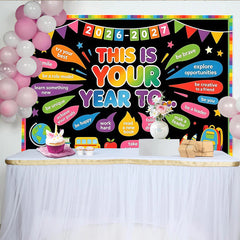 Lofaris Toile de fond colorée pour l'année scolaire avec messages motivants, décor de tableau noir et fournitures scolaires pour studio photo