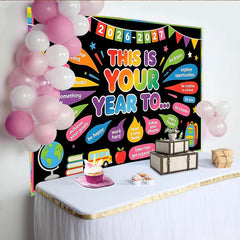 Lofaris Toile de fond colorée pour l'année scolaire avec messages motivants, décor de tableau noir et fournitures scolaires pour studio photo