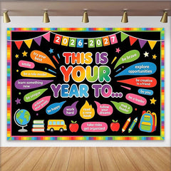 Lofaris Toile de fond colorée pour l'année scolaire avec messages motivants, décor de tableau noir et fournitures scolaires pour studio photo