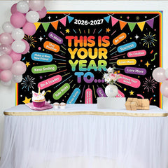 Lofaris Toile de fond du Nouvel An arc-en-ciel avec messages inspirants, décor festif pour studio photo et célébration d'événement