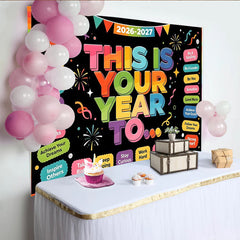 Lofaris Toile de fond colorée pour le Nouvel An avec feux d'artifice et texte motivant, arrière-plan festif pour célébrations et studio photo