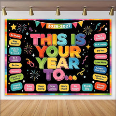 Lofaris Toile de fond colorée pour le Nouvel An avec feux d'artifice et texte motivant, arrière-plan festif pour célébrations et studio photo
