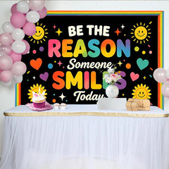 Lofaris Toile de fond de photographie message positif arc-en-ciel et soleil souriant, arrière-plan joyeux avec cœurs et étoiles