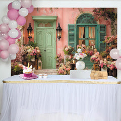 Lofaris Toile de fond mur rose pastel et porte verte menthe fleurie, pour mariage, fête prénatale, anniversaire