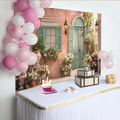 Lofaris Toile de fond de fête mur pêche et porte verte, avec fleurs et décor rustique élégant pour célébration