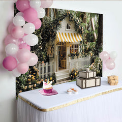 Lofaris Maison de conte de fées et roses, toile de fond de fête avec auvent rayé jaune et blanc, pour jardin enchanté
