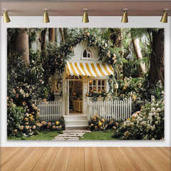 Lofaris Maison de conte de fées et roses, toile de fond de fête avec auvent rayé jaune et blanc, pour jardin enchanté