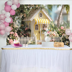 Lofaris Toile de fond de fête cottage jaune et jardin fleuri, avec clôture blanche, pour célébrations printanières