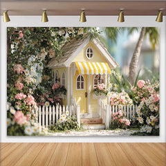 Lofaris Toile de fond de fête cottage jaune et jardin fleuri, avec clôture blanche, pour célébrations printanières