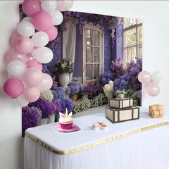 Lofaris Toile de fond florale violette et blanche, style romantique avec fenêtre rustique, pour mariage et fête