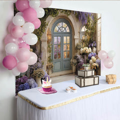 Lofaris Toile de fond jardin romantique avec porte bleue et glycine, hortensias lavande et lierre, pour mariage et séance photo