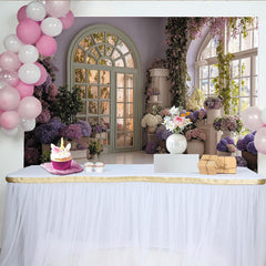Lofaris Toile de fond jardin florale élégante avec fenêtres arquées, pour fête, mariage et baby shower, hortensias lavande et roses