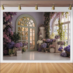 Lofaris Toile de fond jardin florale élégante avec fenêtres arquées, pour fête, mariage et baby shower, hortensias lavande et roses
