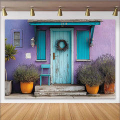 Lofaris Toile de fond façade méditerranéenne violette et turquoise, décor rustique avec lavande pour et événements.