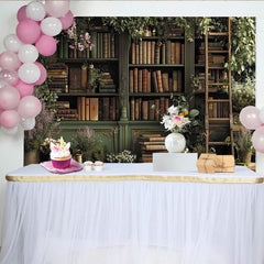 Lofaris Toile de fond bibliothèque enchantée avec livres anciens et verdure, fleurs roses, pour séance photo ou événement