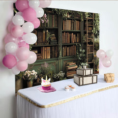 Lofaris Toile de fond bibliothèque enchantée avec livres anciens et verdure, fleurs roses, pour séance photo ou événement