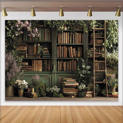 Lofaris Toile de fond bibliothèque enchantée avec livres anciens et verdure, fleurs roses, pour séance photo ou événement