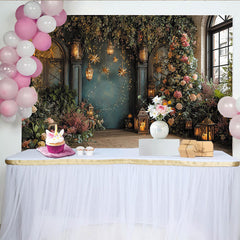 Lofaris Toile de fond de fête jardin enchanté avec fleurs, lanternes et étoiles lumineuses, pour célébrations élégantes