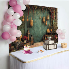 Lofaris Toile de fond de Noël avec lanternes et végétation luxuriante, ambiance festive et rustique