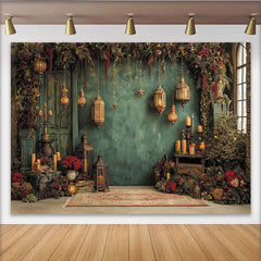 Lofaris Toile de fond de Noël avec lanternes et végétation luxuriante, ambiance festive et rustique