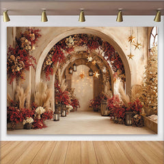 Lofaris Toile de fond de fête arches et fleurs rouges, avec herbe de pampa et étoiles dorées, pour Noël et hiver