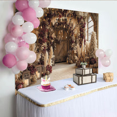 Lofaris Toile de fond de fête rustique hivernale avec fleurs séchées, herbe de la pampa et lumières chaudes pour Noël