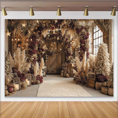Lofaris Toile de fond de fête rustique hivernale avec fleurs séchées, herbe de la pampa et lumières chaudes pour Noël
