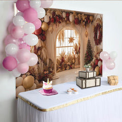 Lofaris Toile de fond de Noël bohème chic, avec herbe de la pampa et ballons rouges et dorés, pour fête d'hiver