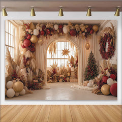 Lofaris Toile de fond de Noël bohème chic, avec herbe de la pampa et ballons rouges et dorés, pour fête d'hiver