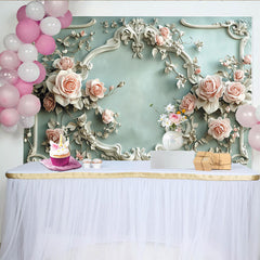 Lofaris Toile de fond élégante avec roses roses et cadre orné, pour fête prénatale, mariage ou anniversaire