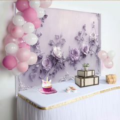 Lofaris Toile de fond florale 3D lilas et blanche, pour fête élégante et mariage, avec roses délicates et cadre orné