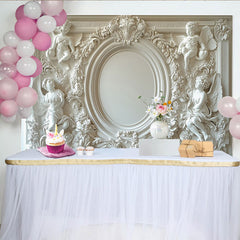 Lofaris Toile de fond baroque blanche avec chérubins et motifs floraux, idéale pour mariage et baptême, décoration élégante