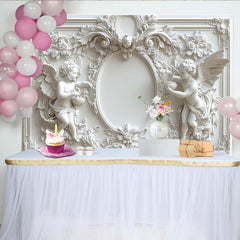 Lofaris Toile de fond baroque blanche avec chérubins et cadre ovale, pour célébrations élégantes, mariages et baptêmes